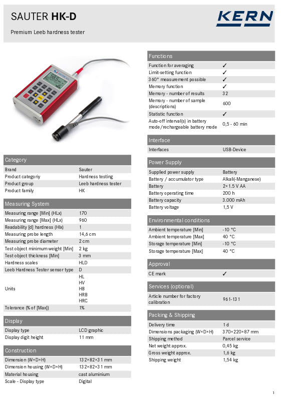 KERN® Leeb hardness tester HK-D Measuring range Leeb 170 – 960, Units HL, HV, HB, HRB, HRC