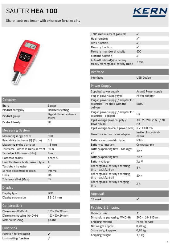 KERN® Digital Shore hardness tester HEA 100 Shore A