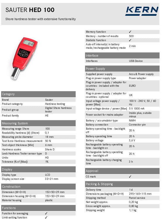 KERN® Digital Shore hardness tester HED 100 Shore D