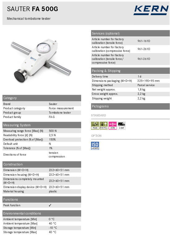 KERN® Gravestone Tester FA 500G, Max N 500 N, Readout 2,5 N