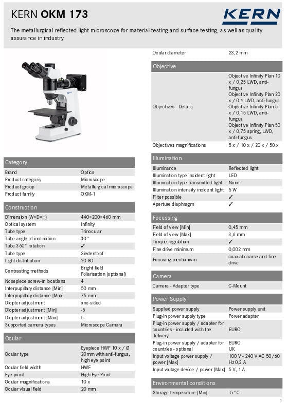 Kern Metallurgical microscope OKM 173 Optical system Infinity Tube type Trinocular Ocular magnifications 10 x