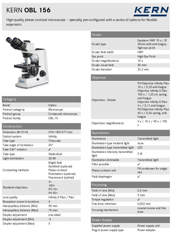 Kern Compound microscope OBL 156 Optical system Infinity Tube type Trinocular Ocular magnifications 10 x