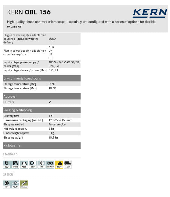 Kern Compound microscope OBL 156 Optical system Infinity Tube type Trinocular Ocular magnifications 10 x