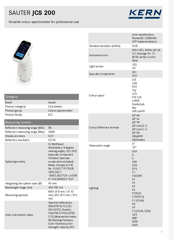 Kern Colour spectrometer JCS 200 Measuring aperture MAV: Ø 8 mm / Ø 10 mm, SAV: Ø 4 mm / Ø 5 mm Observation angle 2°, 10°
