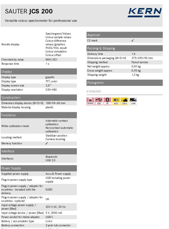 Kern Colour spectrometer JCS 200 Measuring aperture MAV: Ø 8 mm / Ø 10 mm, SAV: Ø 4 mm / Ø 5 mm Observation angle 2°, 10°