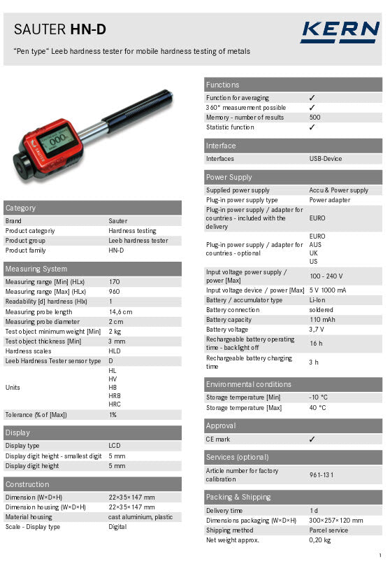 Kern Leeb hardness tester HN-D Measuring range Leeb 170 – 960, Units HL, HV, HB, HRB, HRC
