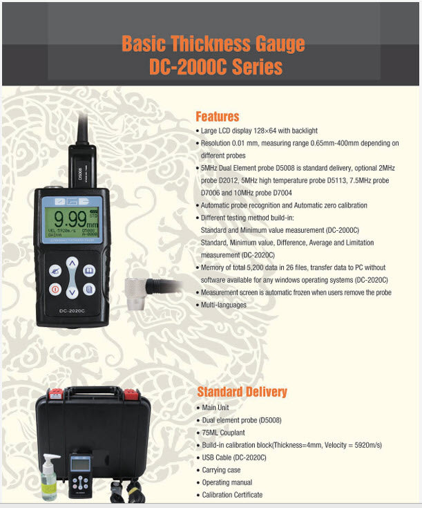DC-2000C ULTRASONIC THICKNESS GAUGE Measuring range: 0.65-400mm resolution 0.1mm/0.01mm
