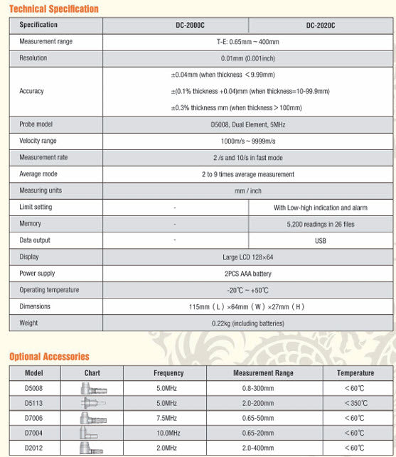 DC-2000C ULTRASONIC THICKNESS GAUGE Measuring range: 0.65-400mm resolution 0.1mm/0.01mm