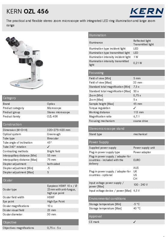 KERN® Stereo Zoom Microscope KERN OZL 456, 0,75 x - 5 x