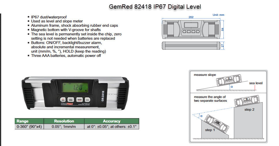GemRed 82418 IP67 Digital Level Inclinometer with Backlight and Magnetic Base Waterproof and Dustproof 2175-360