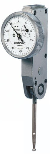 Brown & Sharpe TESA Long Stylus 212L Compac Lever Dial Test Indicator, Horizontal Type, M1.6 Thread, 4mm Stem Dia., White Dial, 0-50-100 Reading, 27mm Dial Dia., 0-3mm Range, 0.01mm Graduation, +/-0.026mm Accuracy, Long Stylus 36mm