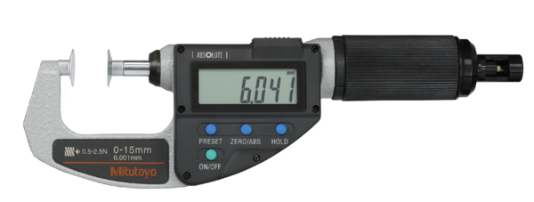 Mitutoyo Absolute Digital Micrometer, Adjust. Force Inch/Metric, 0,5-2,5N, Disk=14,3mm 227-221-20