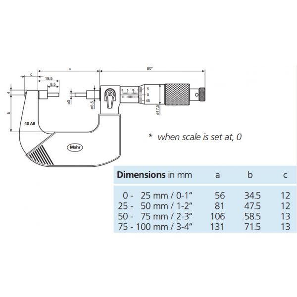 Mahr 40AB Mechanical Spline Micrometers Microbar With Reduced measuring faces Range 25-50mm x .01mm, 4134101