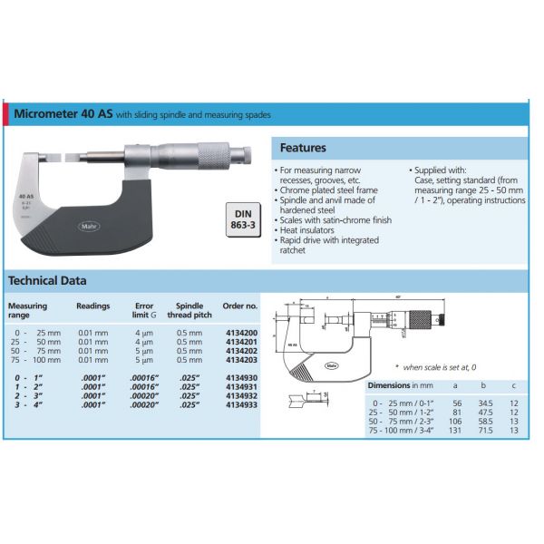 Mahr 40AS Mechanical Micrometers Micromar non rotating spindle blade micrometers, Range 2-3' x .0.0001'' 4134932