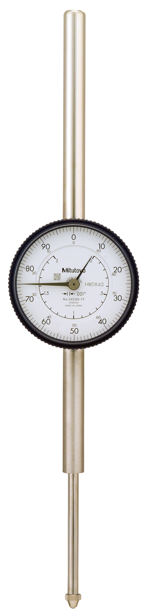 Mitutoyo 2424S-10 Dial Indicator, 3/8" Stem Dia., Lug Back, 0-100 Reading, 2.25" Dial Dia., 0-2" Range, 0.001" Graduation, +/-0.003" Accuracy