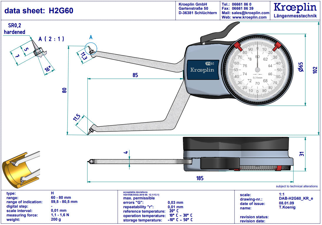 Kroeplin H2G60 mechanical internal measuring gauge Measuring range 60-80 mm Grad 0,01 mm Measuring depth L max.: 85 mm