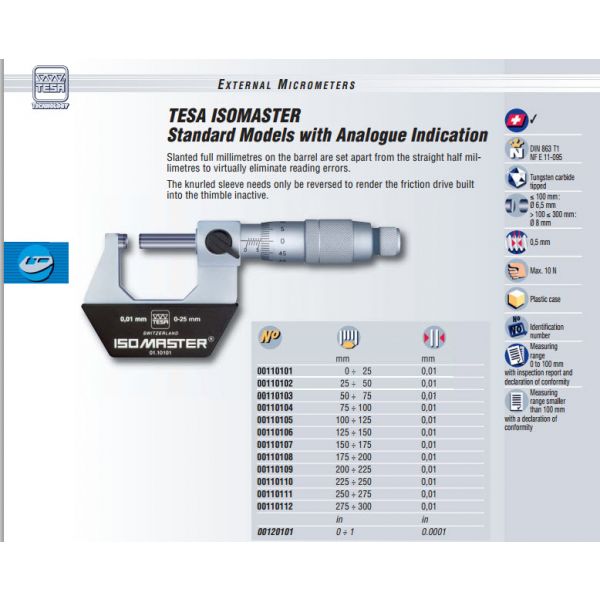 Tesa ISOMASTER 00120101 range 0-1'' micrometer graduation .0001'' tungsten carbide faces
