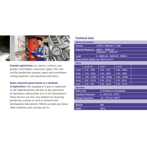 RHEINTACHO Digital Hand Tachometer Rotaro Measuring range 1-99999 min-1 RPM, Style optical / mechanical, A5-1000