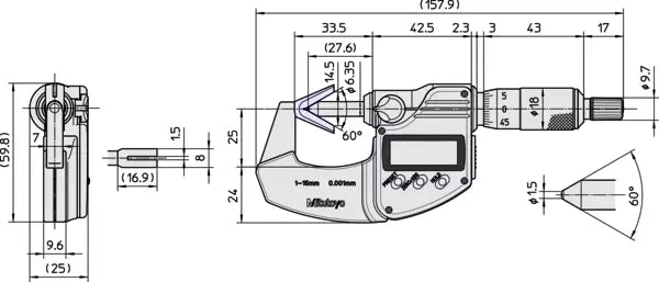 Mitutoyo Digital 3 Flute V-Anvil Micrometer 10-25mm, with Groove 314-252-30