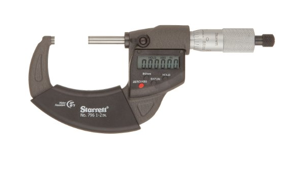 Starrett 796XRL-2 Electronic Digital Outside Micrometer, 1 to 2 in Measuring, Graduations 0.00005 in, LCD Display, Carbide Tip, Satin Chrome