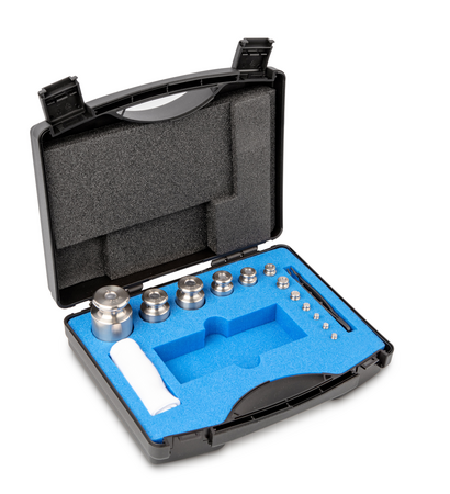 Kern 344-054 Kern M1 Sets 1g - 500g in a plastic case Cylindrical shape, polished stainless steel Dust-brush, tweezers and gloves to handle the weights.