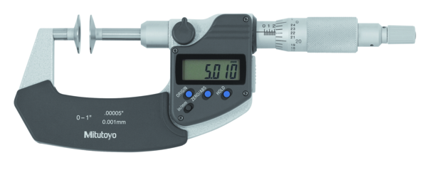 Mitutoyo Digital Disc Micrometer Inch/Metric, 0-1", Non-Rotating Spindle, Disk=20mm 369-350-30 Flat Anvils no Central Recess