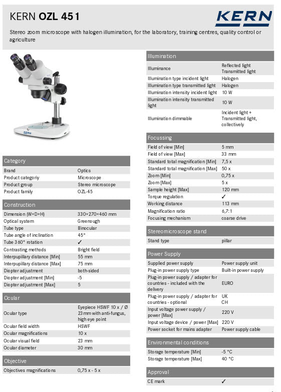Kern OZL Stereo Zoom Microscopes OZL 451 Binocular 10x Eye piece, Zoom .75 to 5X, 10W Halogen Incident/Transmitted