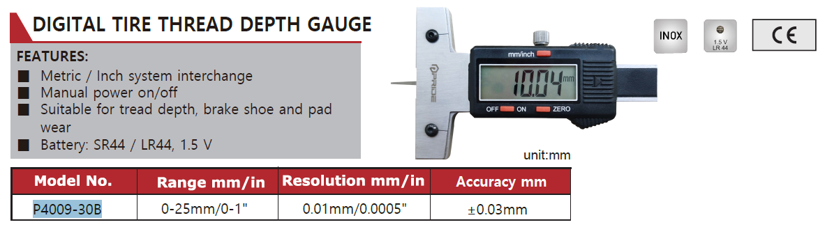 P4009-30B DIGITAL TIRE THREAD DEPTH GAUGE 0-25mm/0-1"