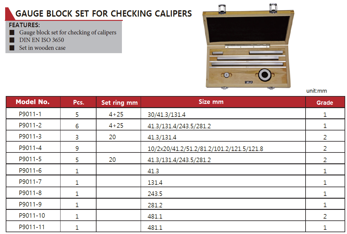 P9011-1 Gauge Block Set for Calipers 41.3/131.4