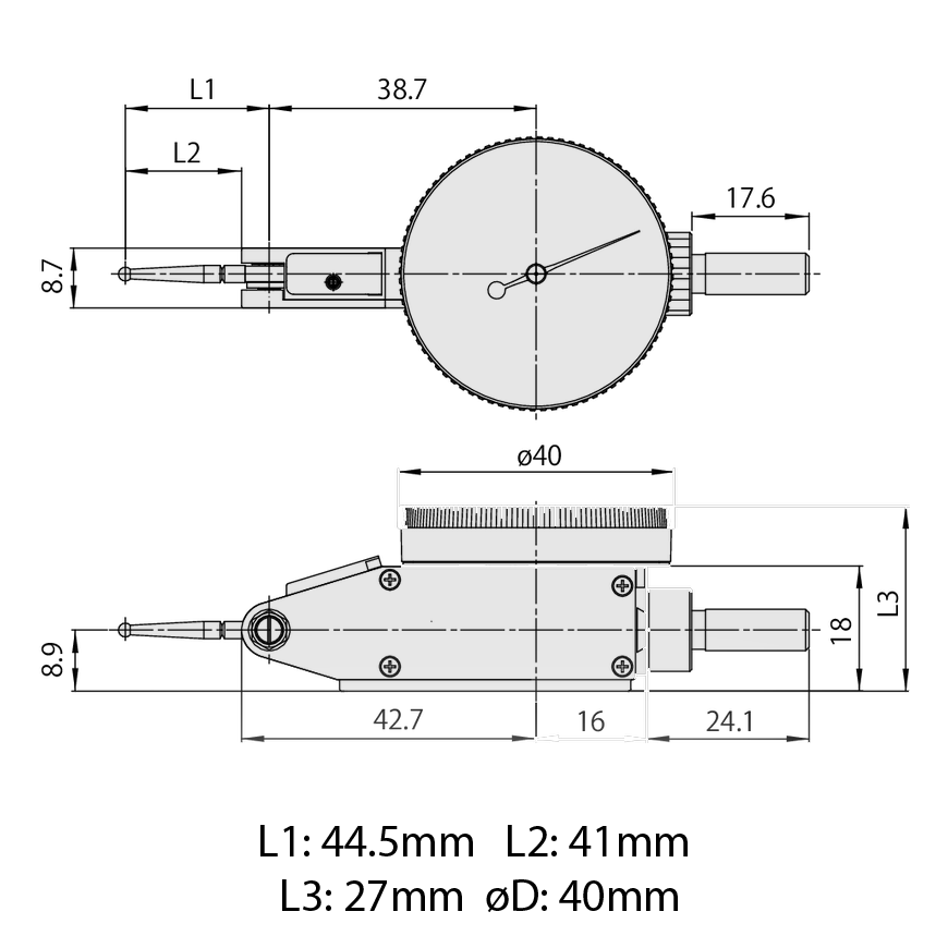 Mitutoyo 513-415-10T (0.01mm) Horizontal Type Dial Test Indicator 4/8mm Stem with Bracket 1mm