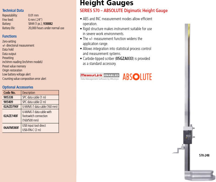 Digital ABS Height Gauge 0-40"/1000mm, Inch/Metric 570-248
