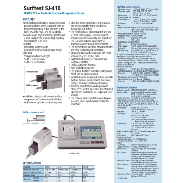 Mitutoyo 178-583-01E Surftest SJ-412 Surface Roughness Tester, 2''/50mm X-Axis Travel, 0.75 mN Detector, 2 Micron Stylus Tip Radius