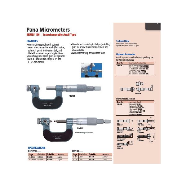 Universal Micrometer Interchangeable Avil/Spindle, 0-1" 116-105-10