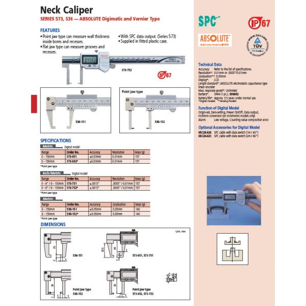 Mitutoyo Vernier Neck Caliper 0-150mm, 0,05mm, Metric 536-151
