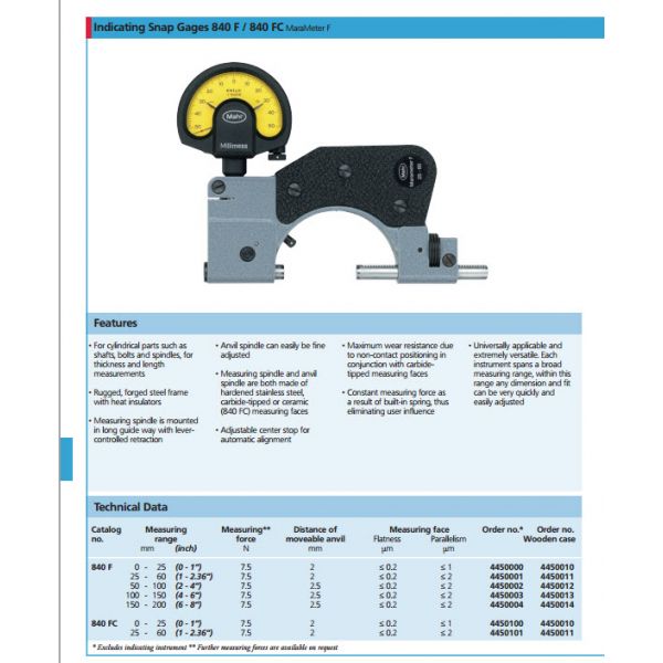 Mahr 4450001 Snap Gauge 840F carbide anvils. Range : 25-60mm/1-2.36", Force : 7.5 N , Flatness : ≤0.2 microns, Parallelism : ≤ 1 micron : Indicator not included