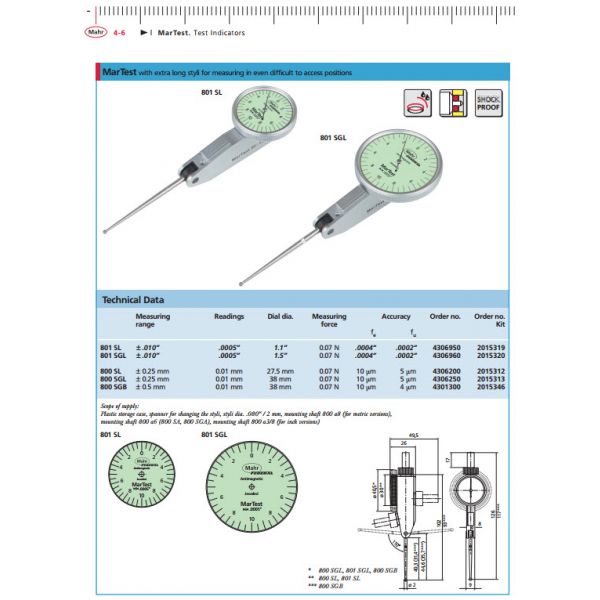 Mahr Test Indicators 4306960, Graduation: .0005", Model: 801SGL, Range: .020", Face diameter 1.5'', Force 0.07N Stylus Length 1.62''
