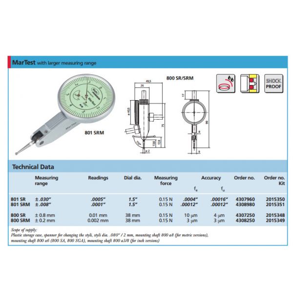 Mahr Test Indicators 4307960, Graduation: .0005", Model: 801SR, Range: .060", Face diameter 1.5'', Force 0.15N Stylus Length .57''