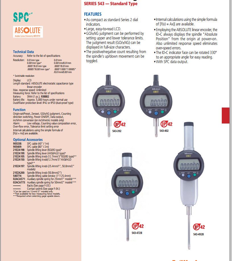 Mitutoyo 543-471B, IDC Digimatic Indicator, Resolution .00005"/.0001"/.0005"/0.001mm/0.01mm X 1"/25.4mm, 8mm Stem, Flat Back, Force 1.8N or less