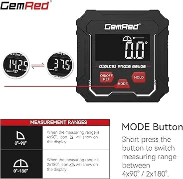 GemRed Digital Angle Gauge Engineers Level DAG-V1 (DAG-V1 Hold Function) accuracy of ± 0.2° and a resolution of 0.1°