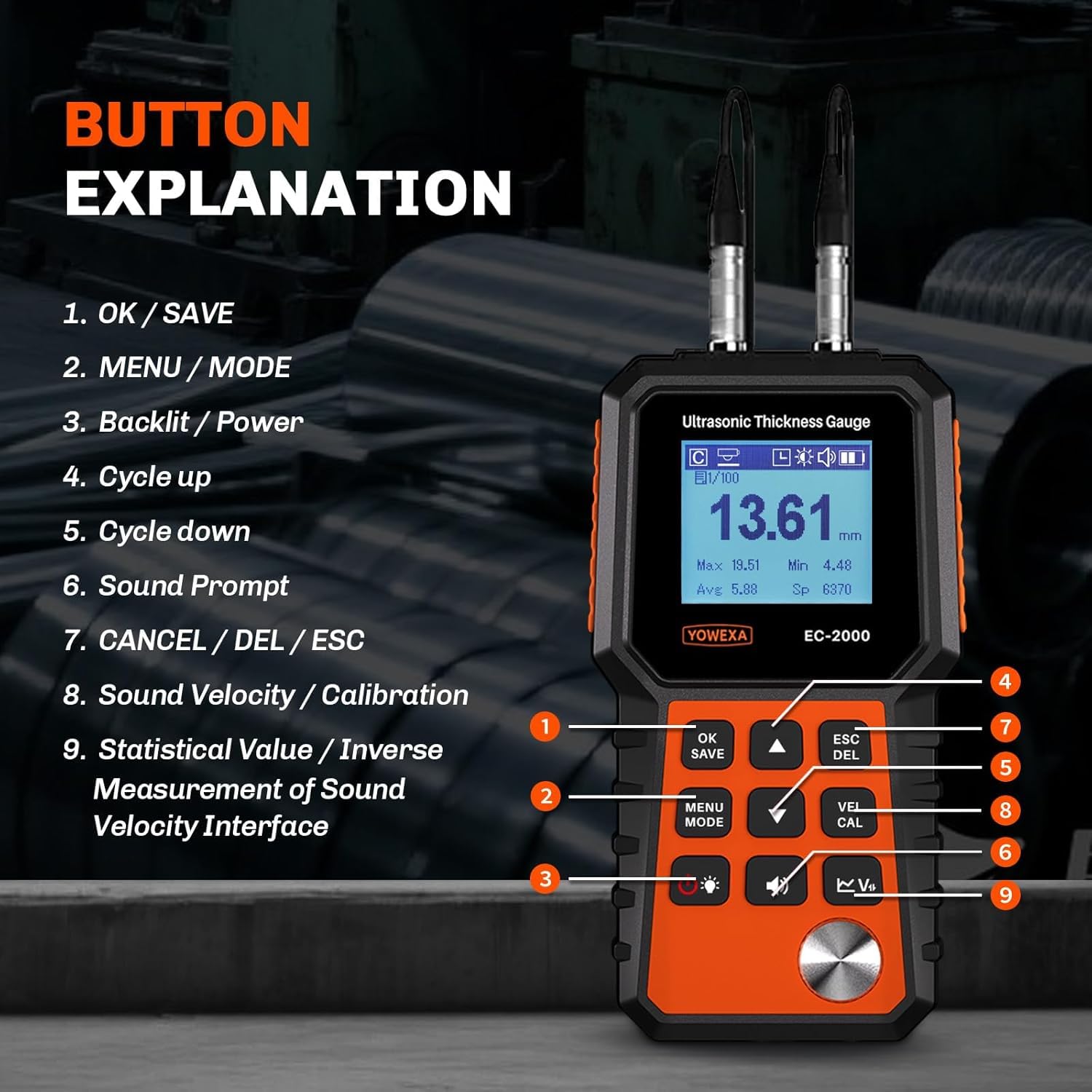 EC-2000-L External Probe PU5-10 ULTRASONIC THICKNESS GAUGE Measuring range: 1-300mm resolution 0.1mm