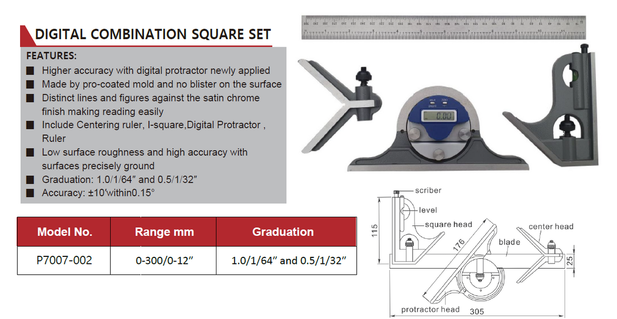 P7007-002 Digital Combination Square Set 0-300/0-12"