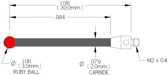 Carbide Probe PART NO: 801-3R CMM Replacement Stylus M2 Thds, 30.0mm Range Length, Ø3.0mm Ruby Ball on Ø2.0mm Carbide Stem X 25.0mm E.W.L.