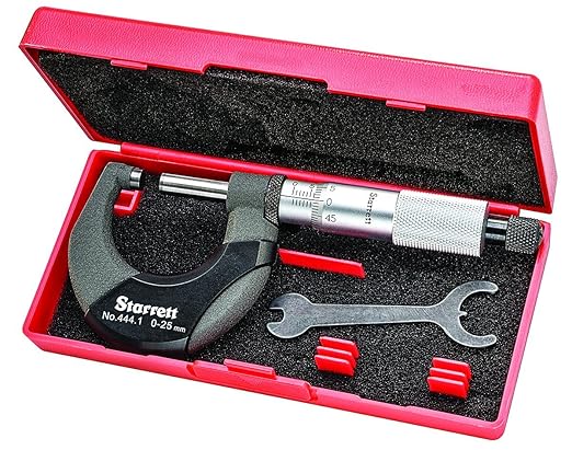 Starrett 444.1MXRL-25 Outside Micrometer, Ratchet Stop, Lock Nut, Carbide Faces, 25 mm Range, 0.01 mm Grad