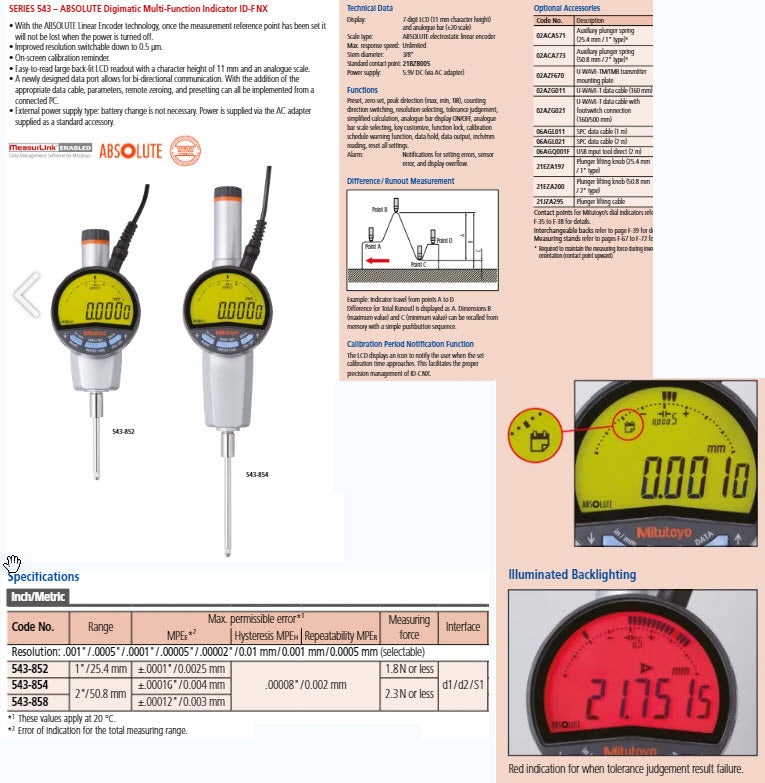 Digital Indicator ID-F Range 50mm/2", 0.00002"/0.0005 mm 543-858E