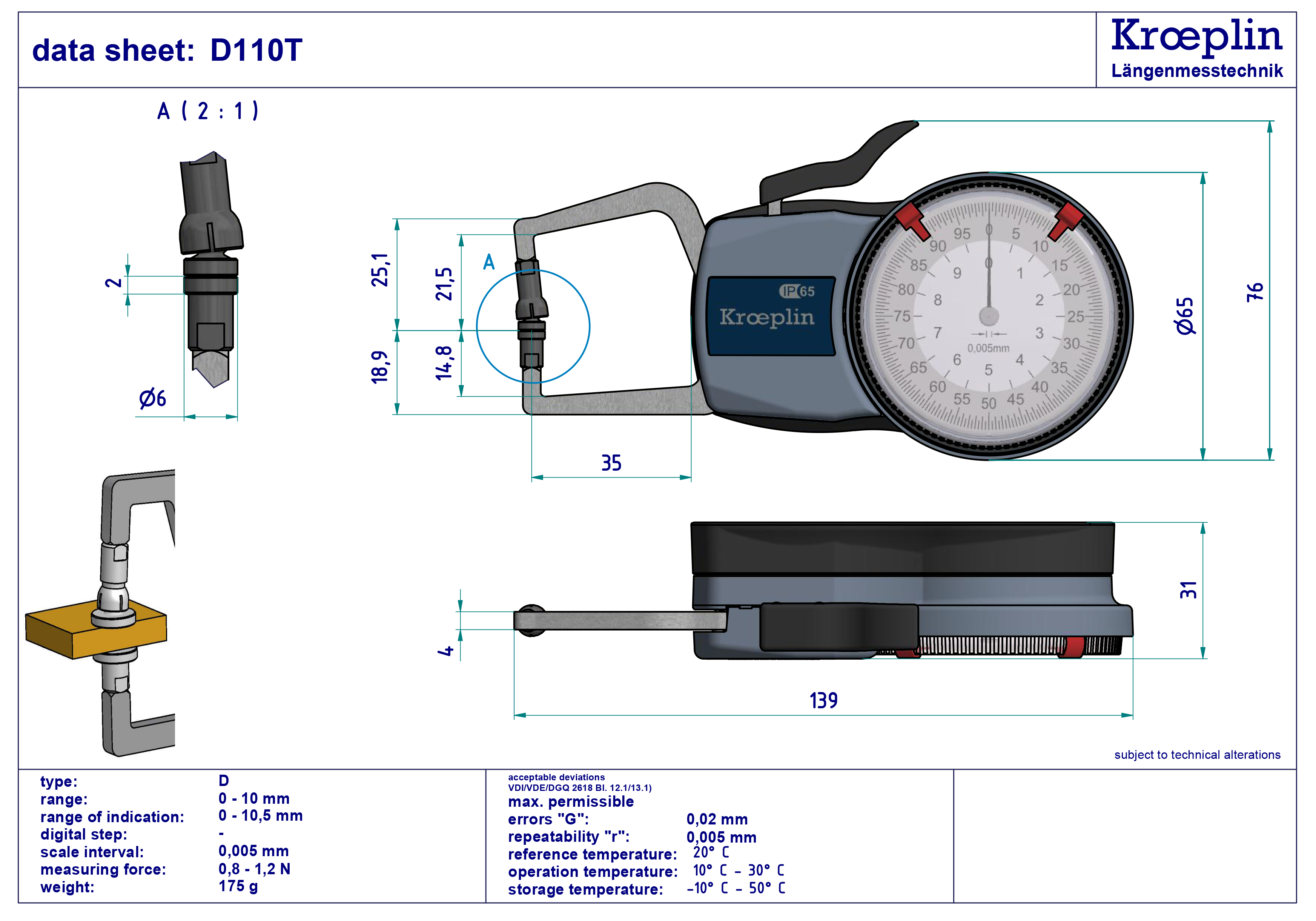 Kroeplin D110T External Dial Caliper 0-10mm