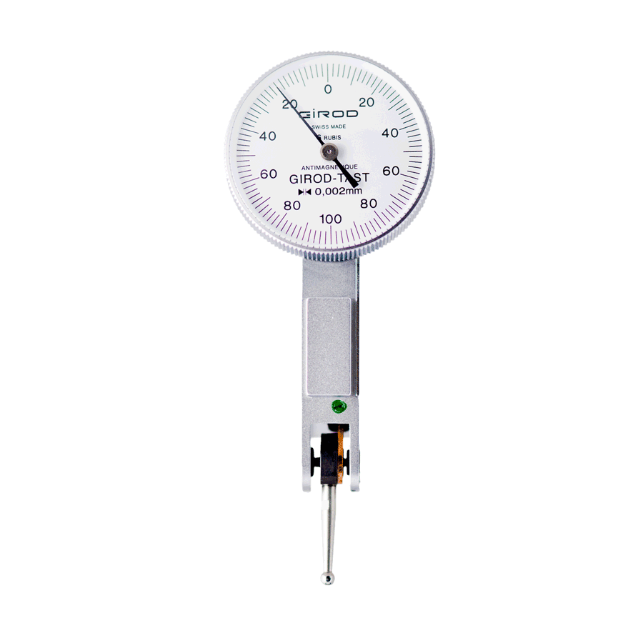Girod GT 1253 Lever Dial Indicator Horizontal Type, Graduation 0.002mm, Range 0.2mm, Stylus Length 12mm, Bezel Diameter 27.4mm Manufactured in Switzerland