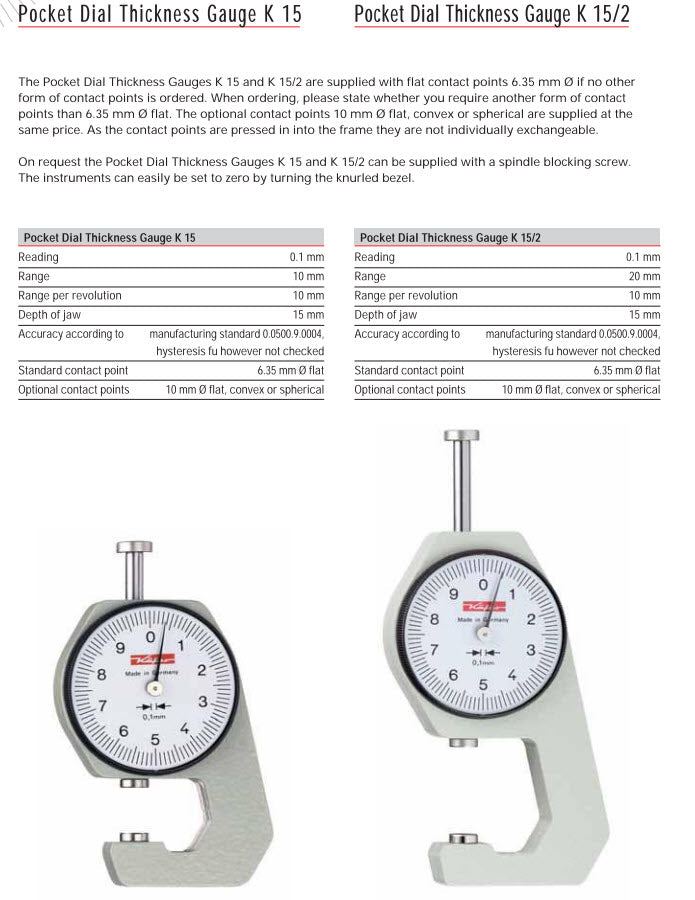 KAFER Pocket Dial Thickness Gauge K 15/2 - Reading: 0.1 mm