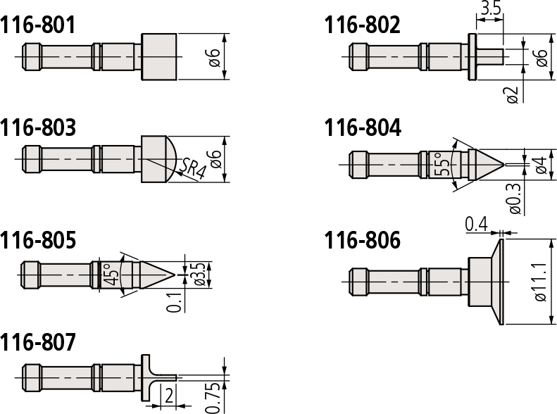 Set of Tips for Mitutoyo Universal Micrometer Interchangeable Avils 116-800
