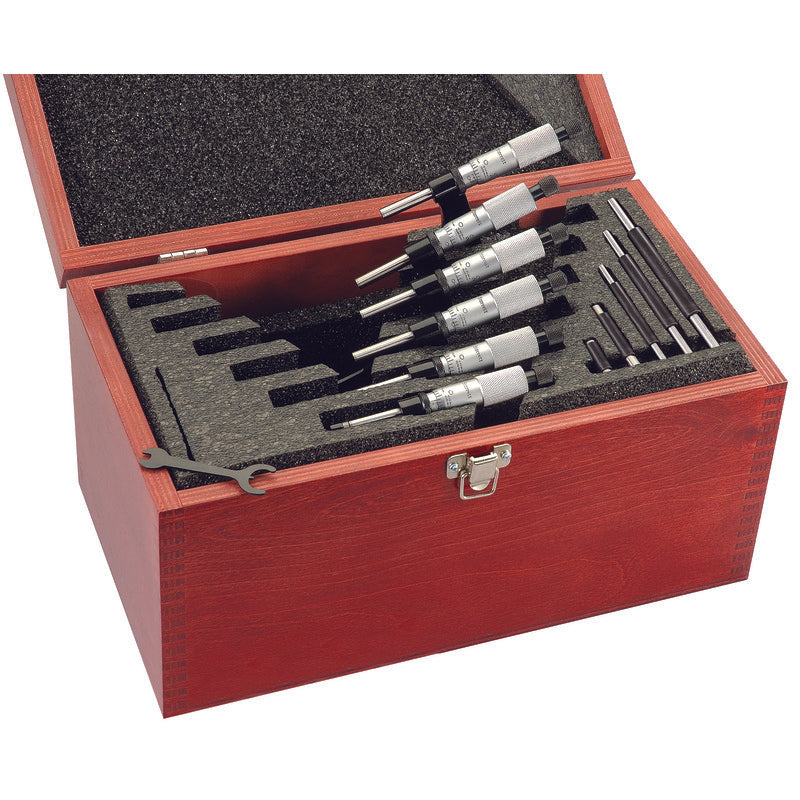 Starrett S436.1MCXRLZ 436.1 Series Outside Micrometer Set, Ratchet Stop, Lock Nut, Carbide Faces, 0-150mm Range, 0.01mm Graduation