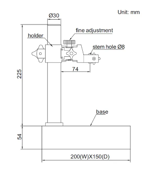 Insize Vertical travel of holder: 150mm, Fine adjustment range: 2mm, Applicable holding stem: Ø8mm, Base: flatness 3.2µm, Granite table 200 x 150mm 6866-150